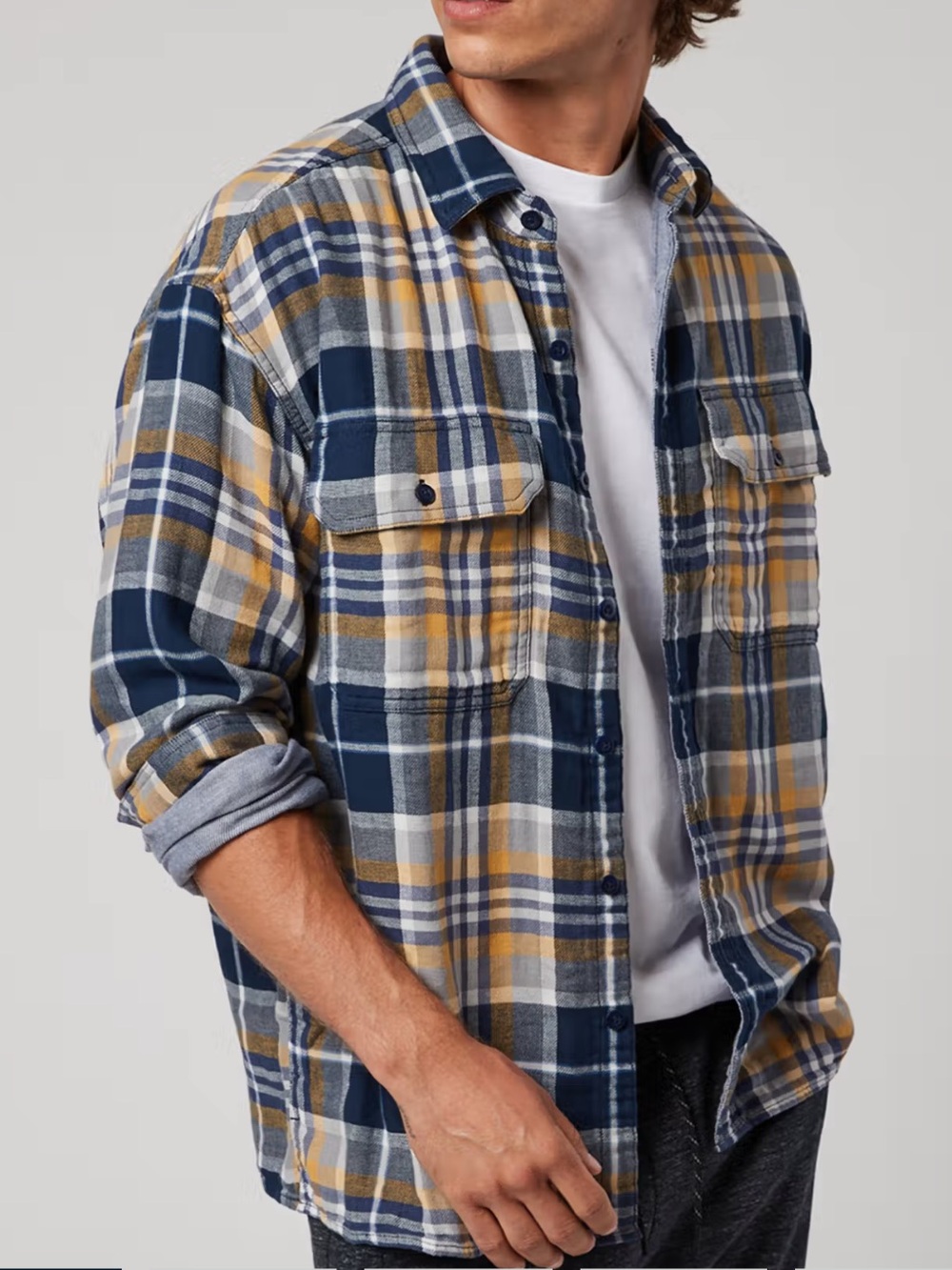 American Eagle Outfitters Plaid Long Sleeve Button Up Shirt Blue Yellow NWT-M